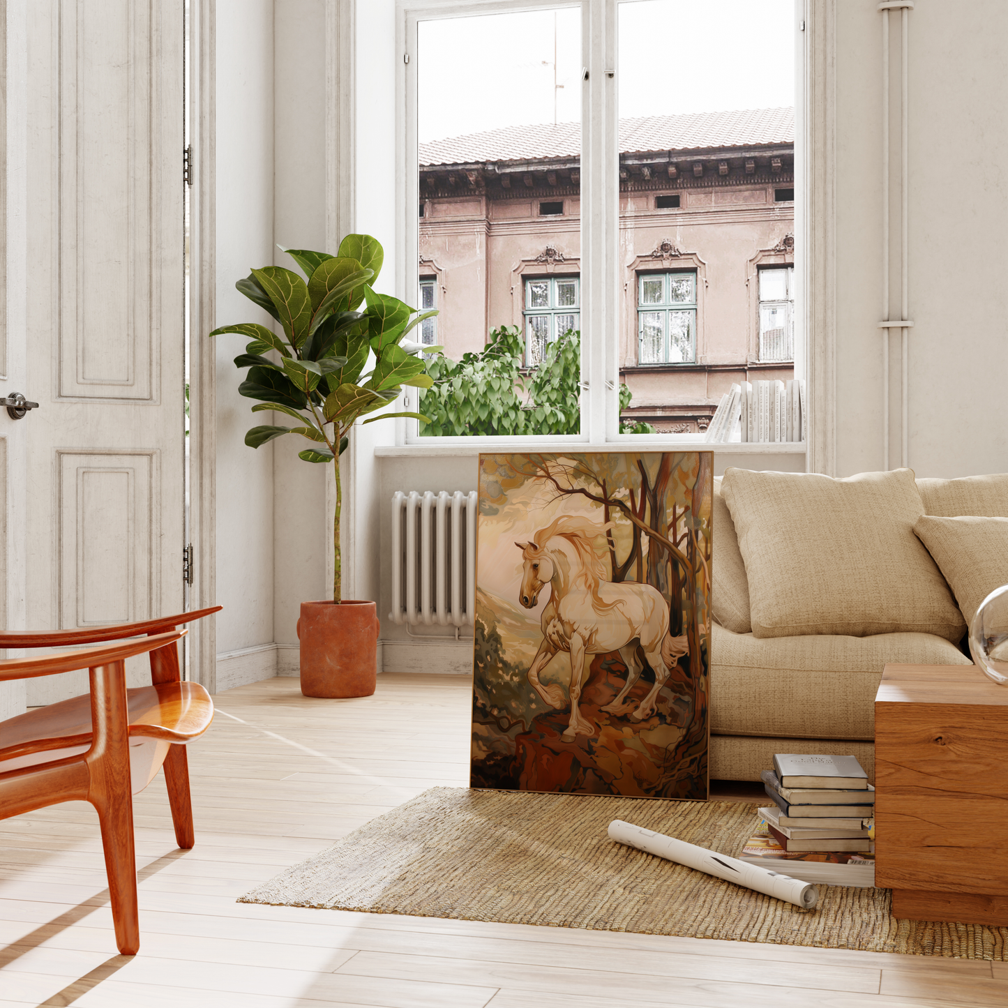 Painting of a majestic white horse overlooking a view on a mountain, leaning on a couch in the living room - Paw Prints