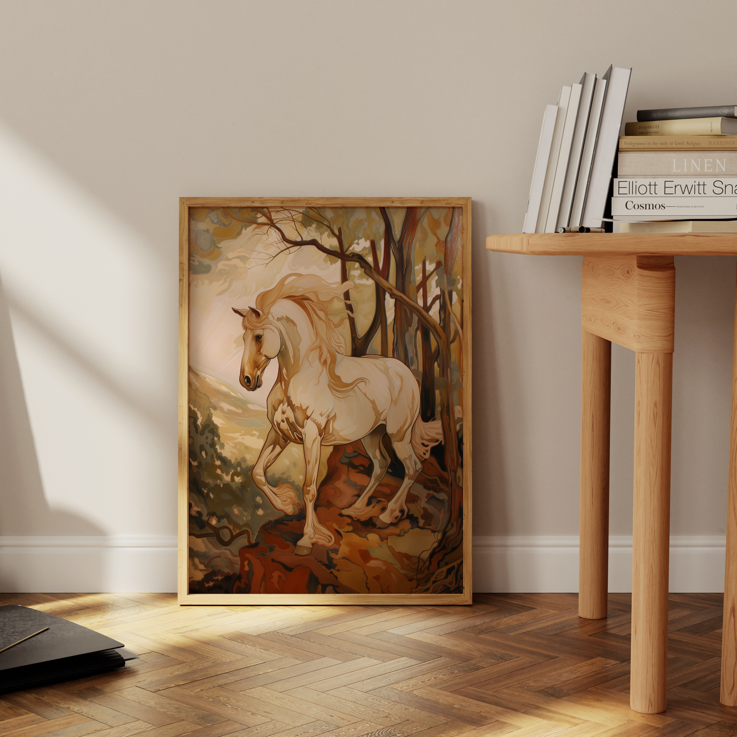 Painting of a majestic white horse overlooking a view on a mountain, leaning against the office wall - Paw Prints