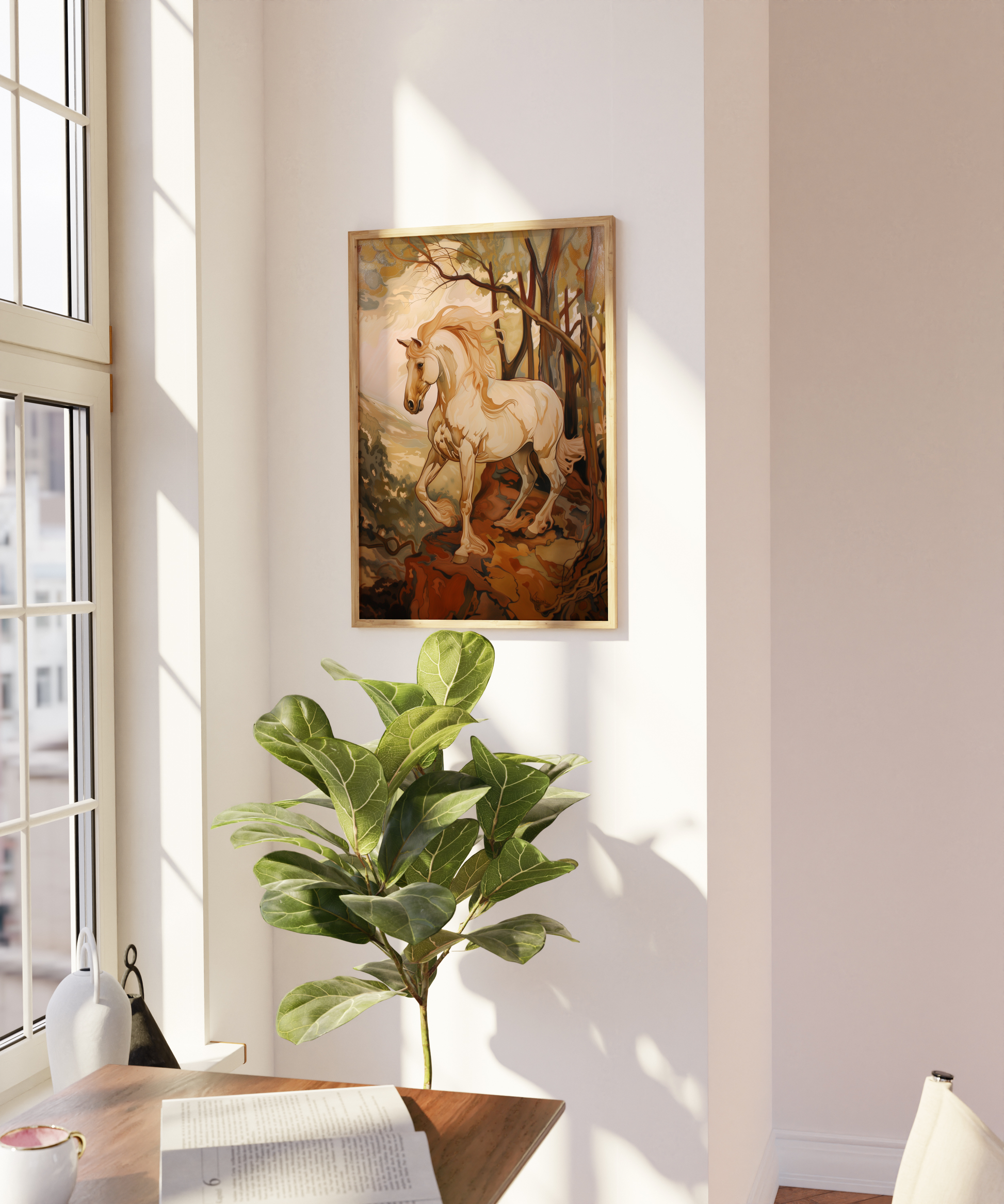 Painting of a majestic white horse overlooking a view on a mountain, on a blank wall - Paw Prints