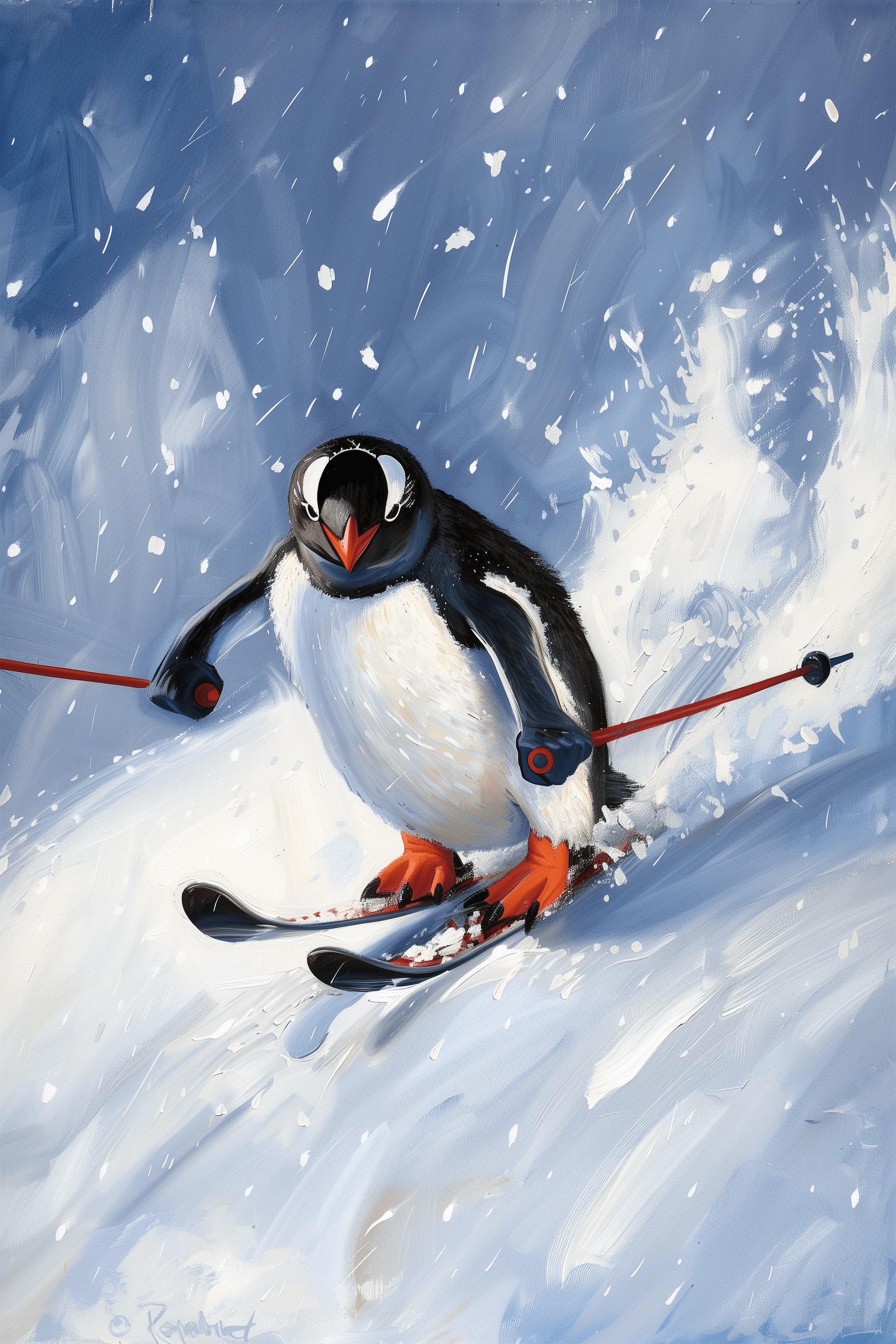 Painting of a penguin skiing down a snowy slope. - Paw Prints