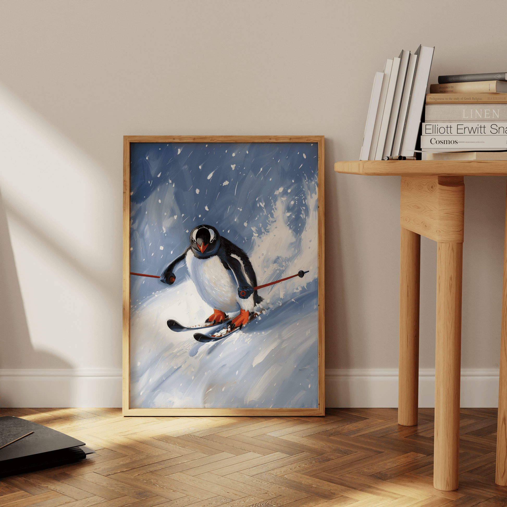 Painting of a penguin skiing down a snowy slope, leaning against the office wall - Paw Prints