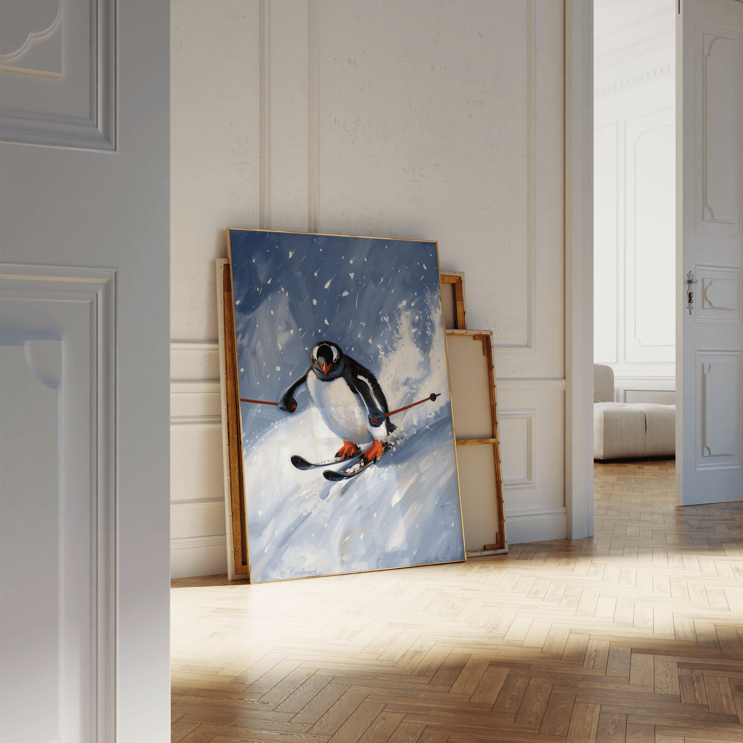 Painting of a penguin skiing down a snowy slope, leaning against a white bathroom wall - Paw Prints