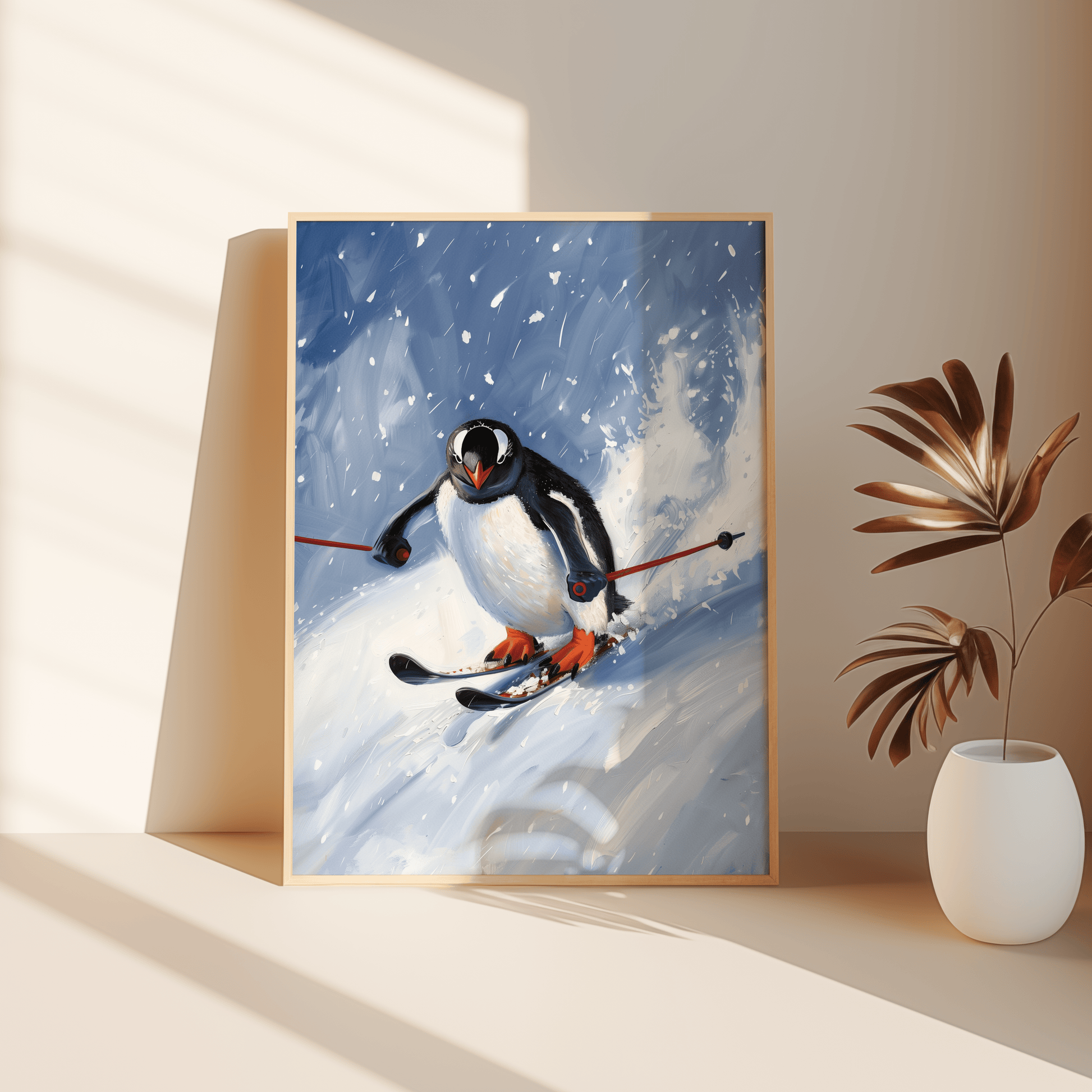 Painting of a penguin skiing down a snowy slope, leaning against the bedroom floor - Paw Prints