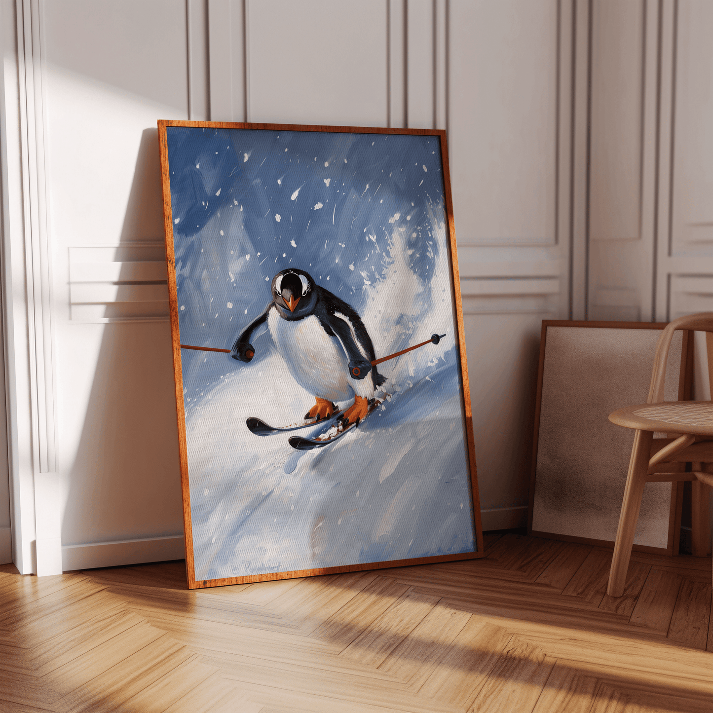 Framed painting of a penguin skiing down a snowy slope, in a Hallway - Paw Prints