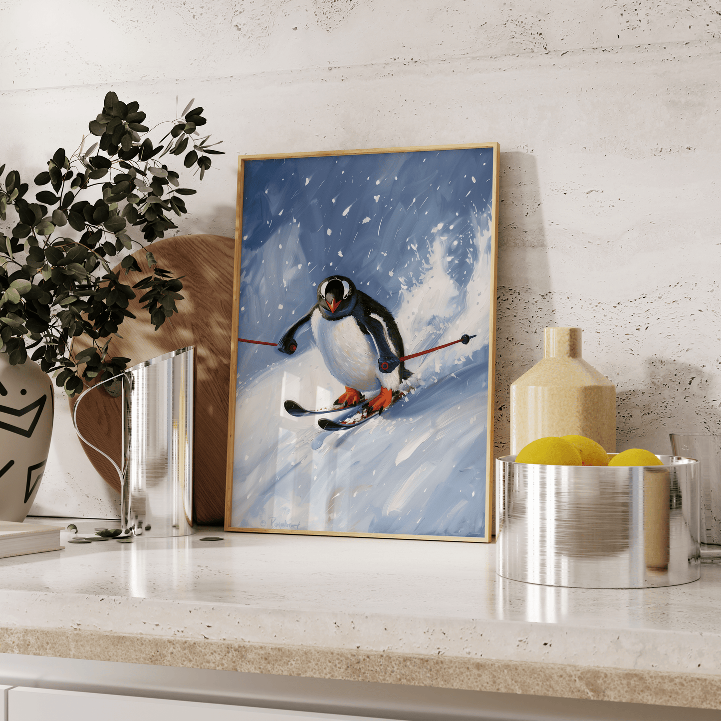 Painting of a penguin skiing down a snowy slope, leaning against the kitchen counter - Paw Prints