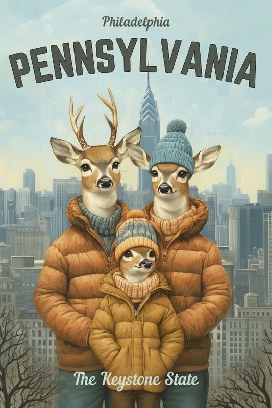 A vintage travel poster of a white-tail deer family of three taking a family photo in-front of the city of Philadelphia. 