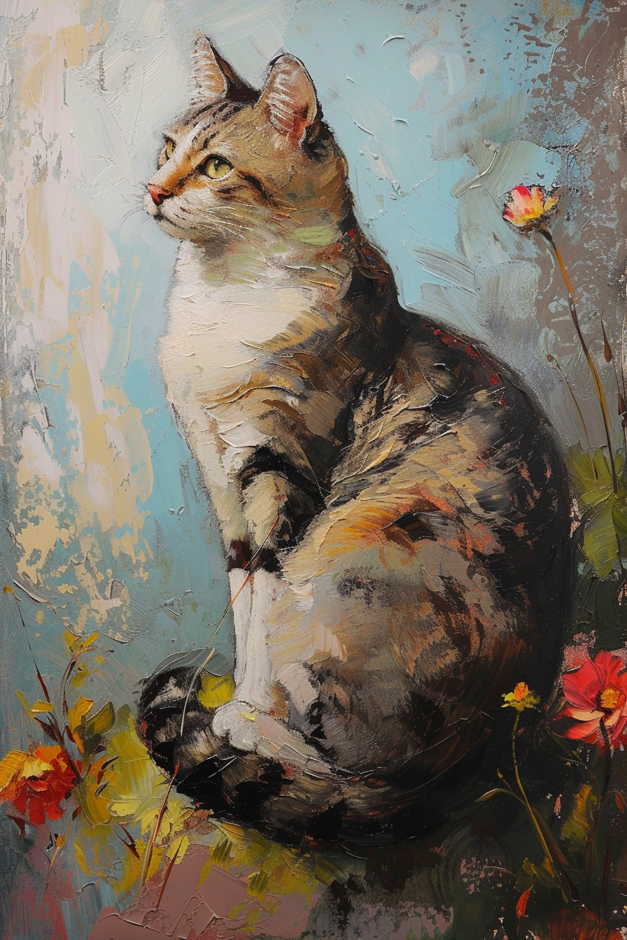 Oil painting of an elegant cat sitting on the grass, rounded by flowers - Paw Prints