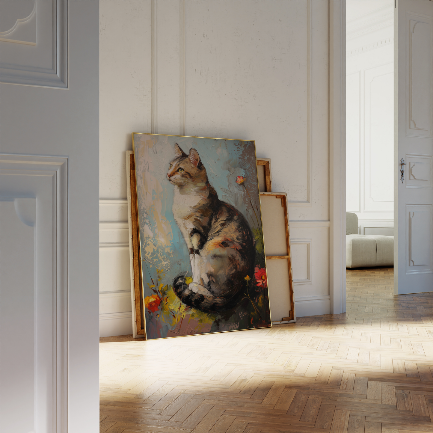 Oil painting of an elegant cat sitting on the grass, rounded by flowers, leaning against a white bathroom wall - Paw Prints