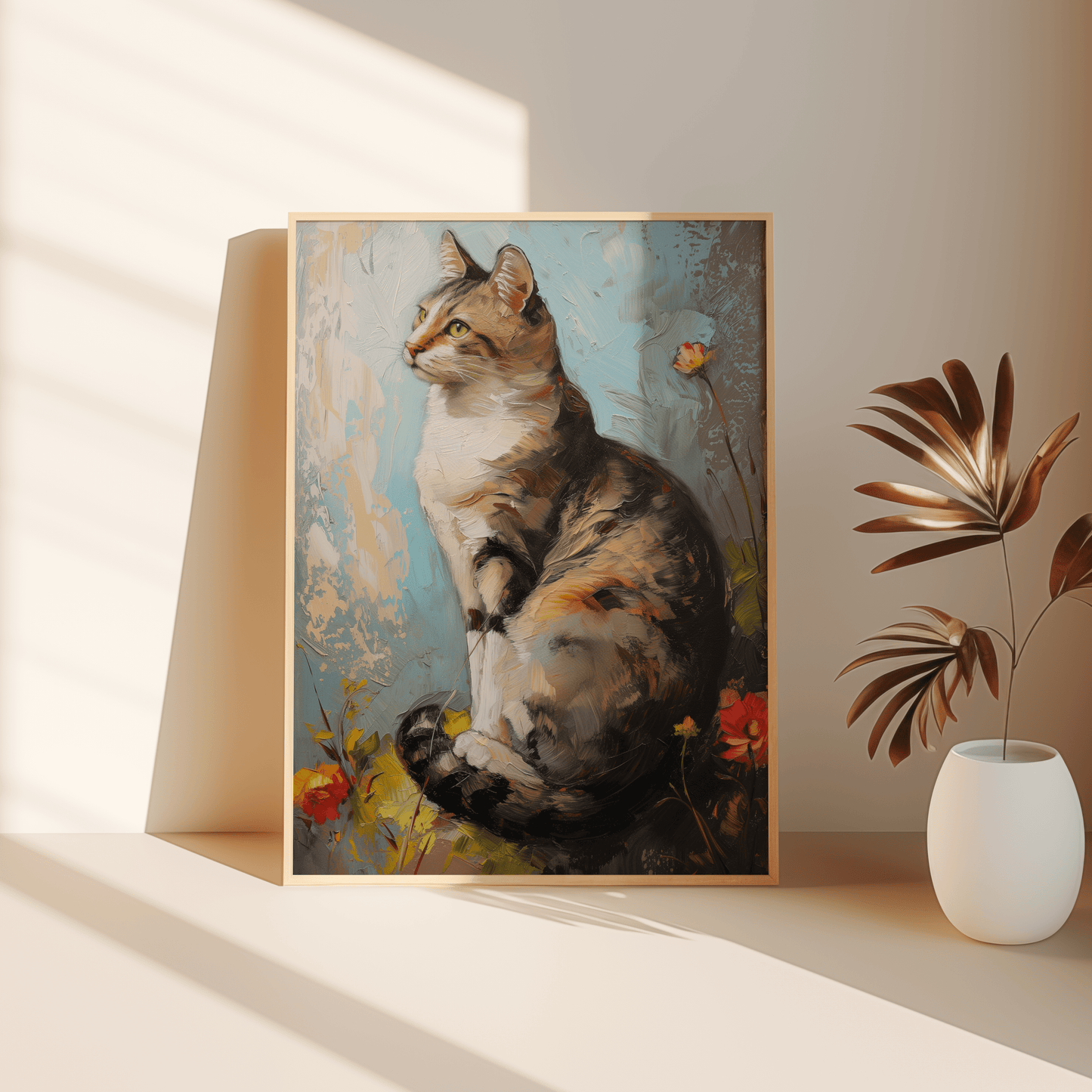 Oil painting of an elegant cat sitting on the grass, rounded by flowers, leaning against the bedroom floor - Paw Prints