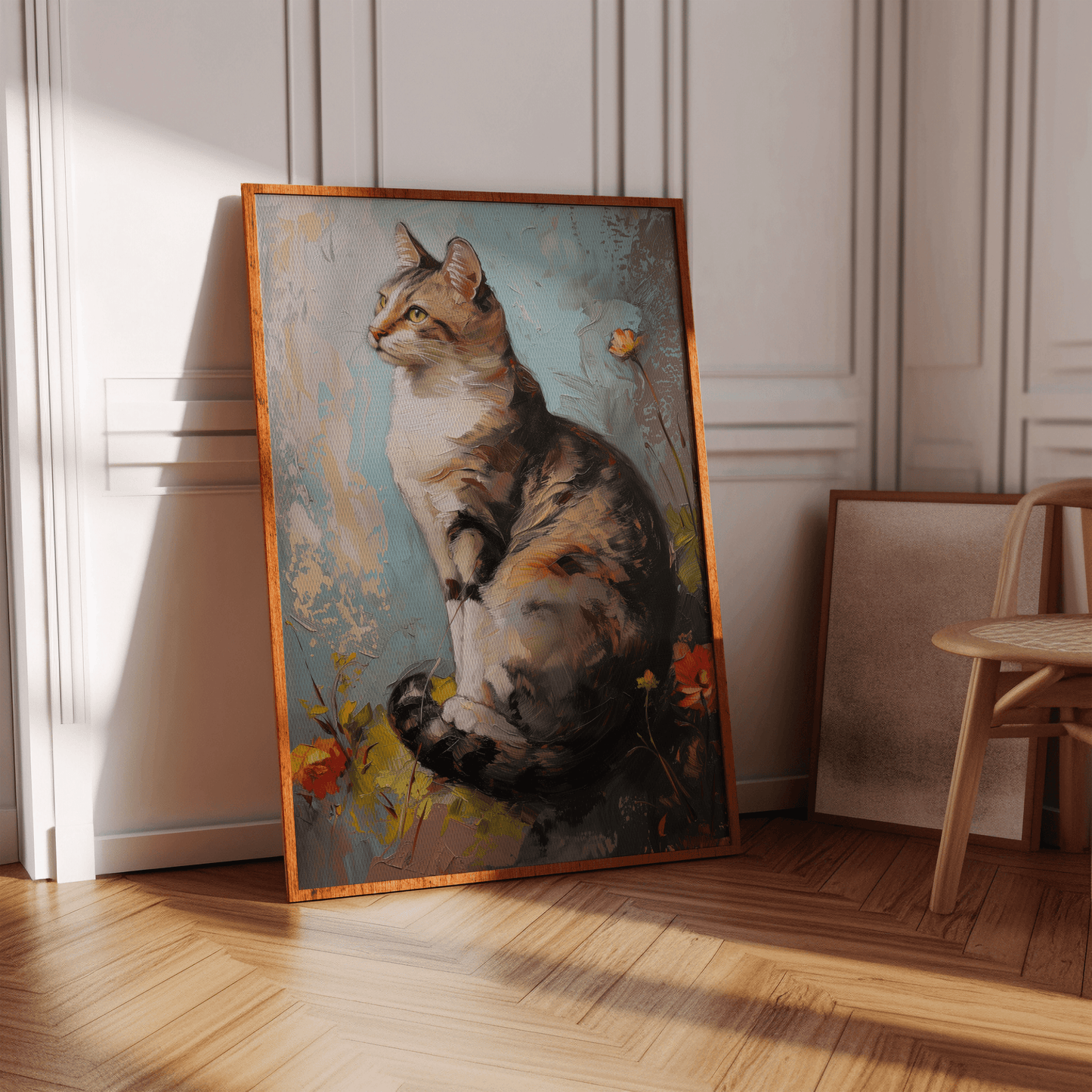 PhotogeOil painting of an elegant cat sitting on the grass, rounded by flowers, in hallway - Paw Printsnic - Paw Prints