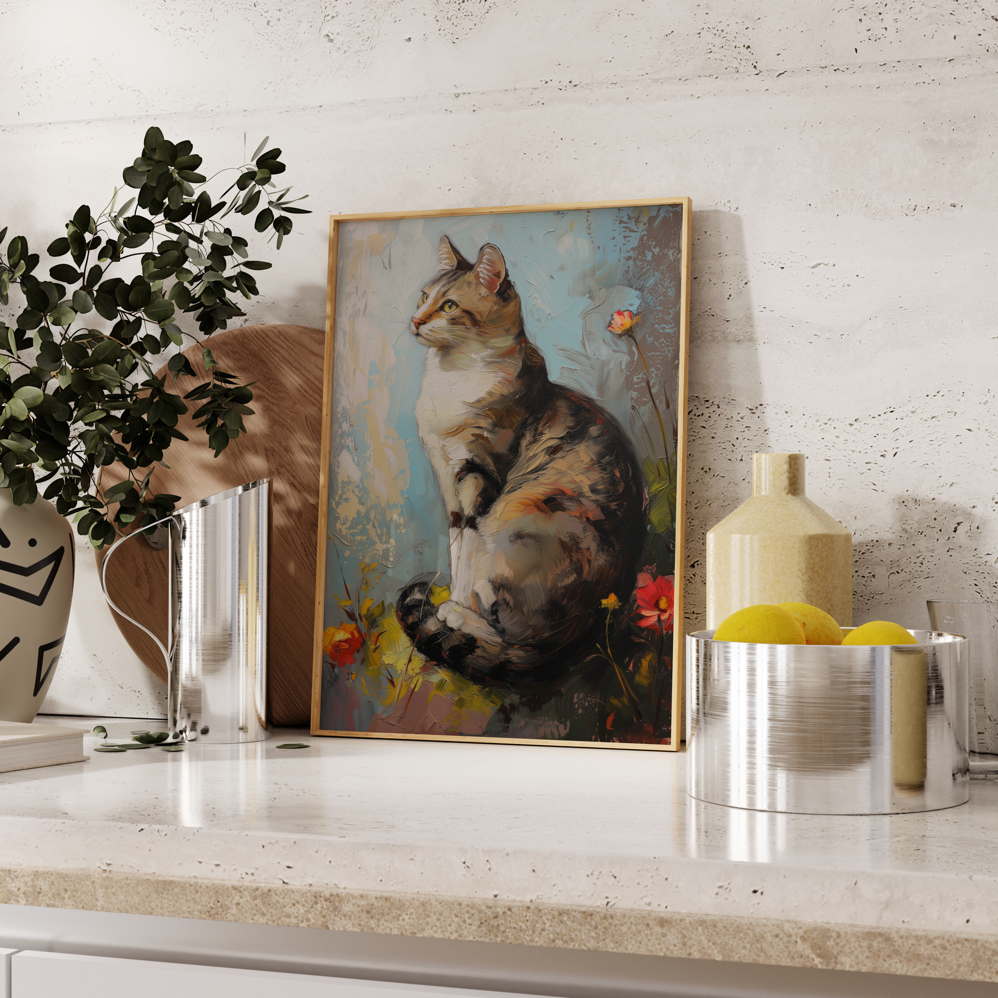 Oil painting of an elegant cat sitting on the grass, rounded by flowers, leaning against the kitchen counter - Paw Prints