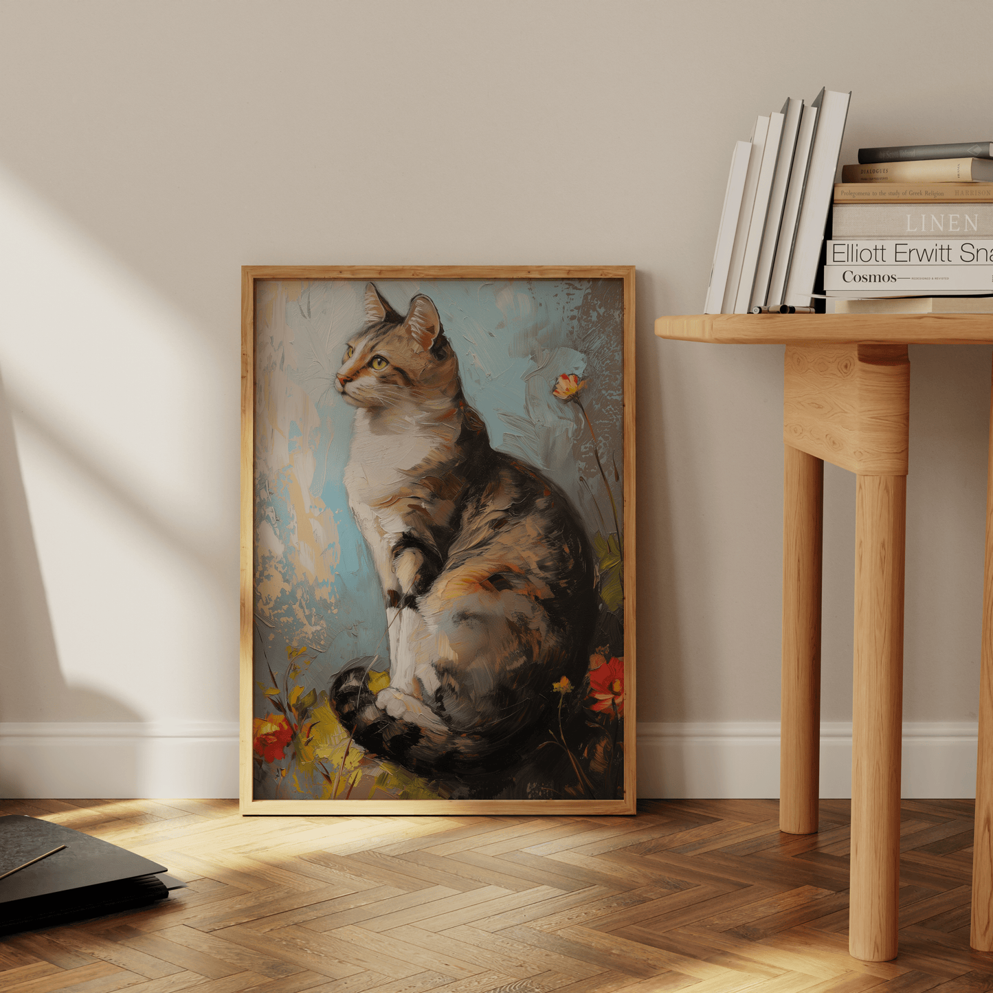 Oil painting of an elegant cat sitting on the grass, rounded by flowers, leaning against the office wall - Paw Prints