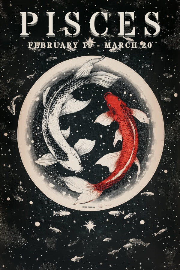 "Pisces", a vintage astrology poster, featuring a white koi fish and a red koi fish swimming in equilibrium in the universe