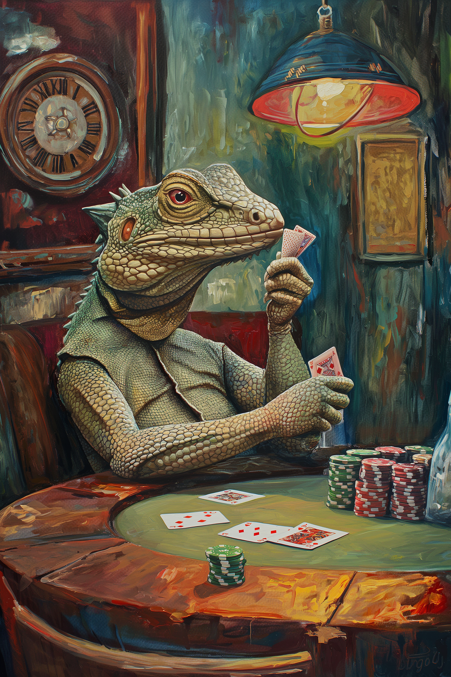 Oil painting of an iguana playing poker at a casino - Paw Prints