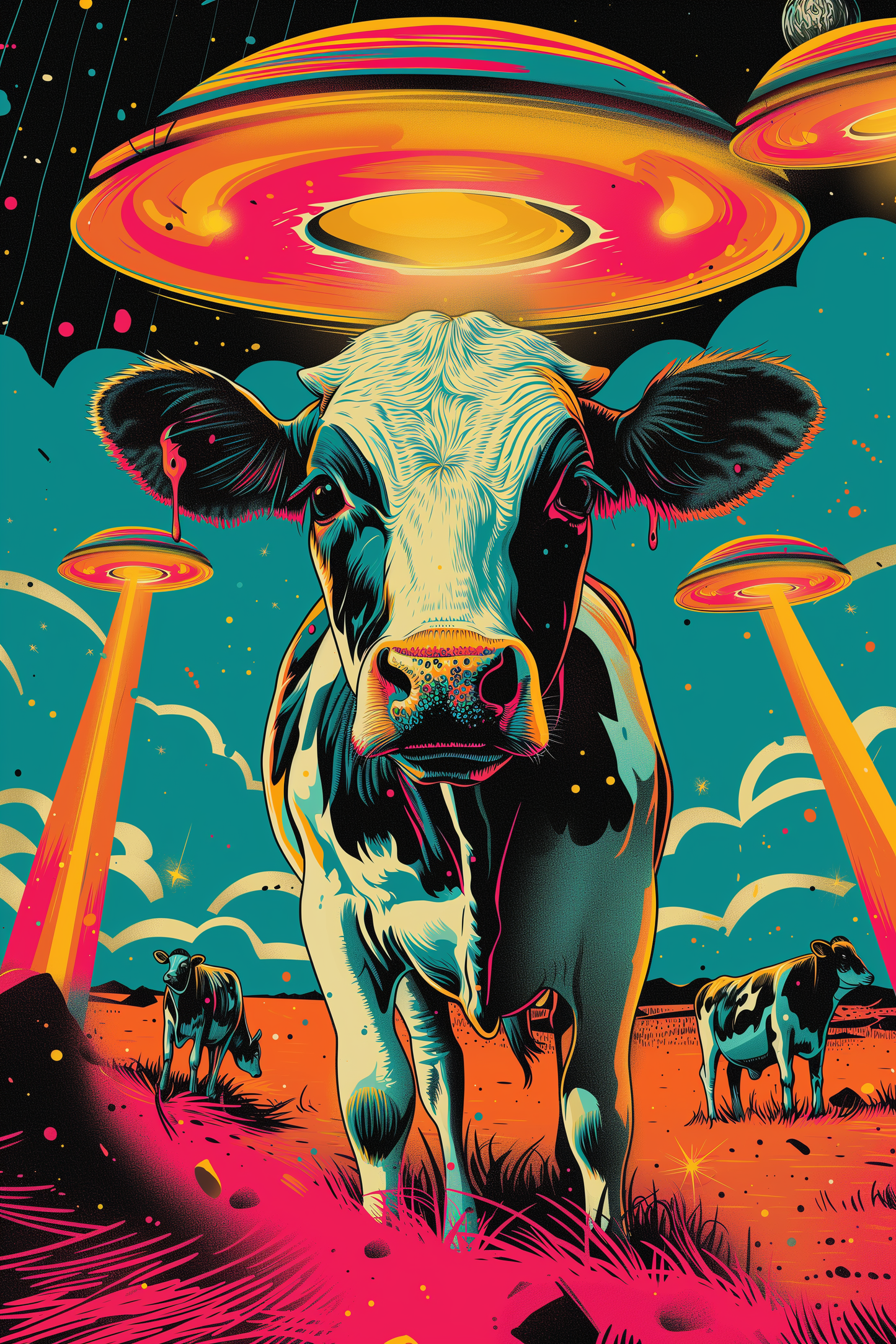 Retro poster with a close-up of a cow on a farm field, with alien UFOs in the background - Paw Prints