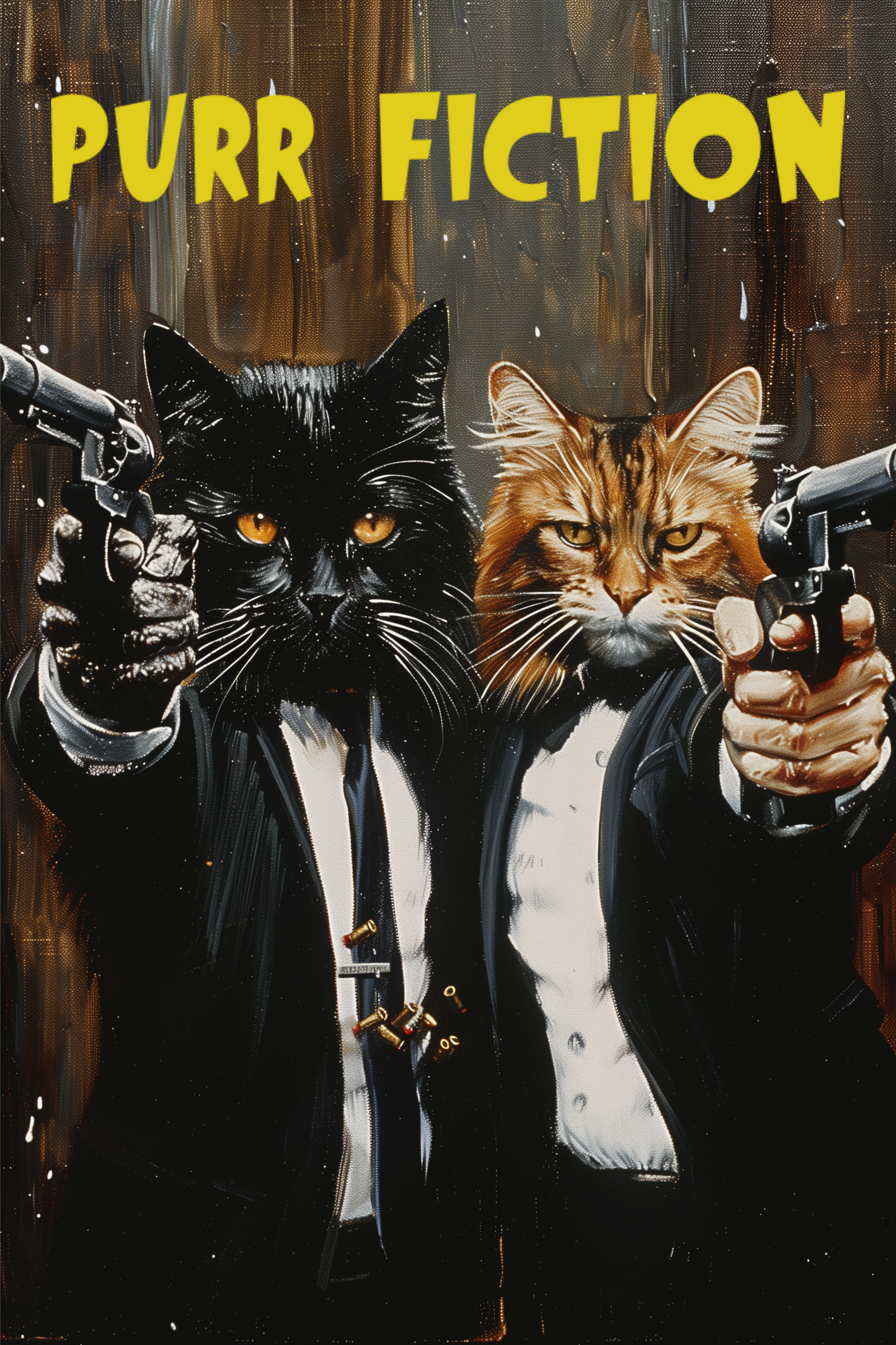 Black and orange cats wearing suits, pointing guns with the title "Purr Fiction", referencing Pulp Fiction - Paw Prints