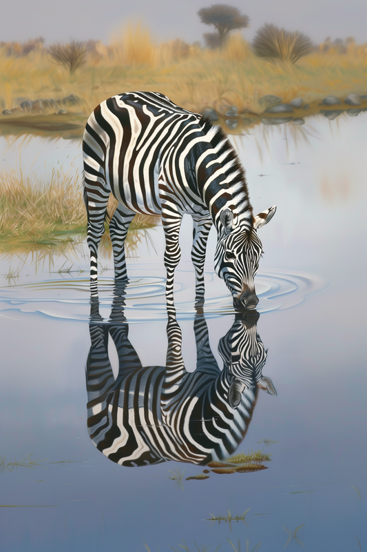 Painting of a wild zebra drinking water from a lake, its reflection if seen in the water - Paw Prints