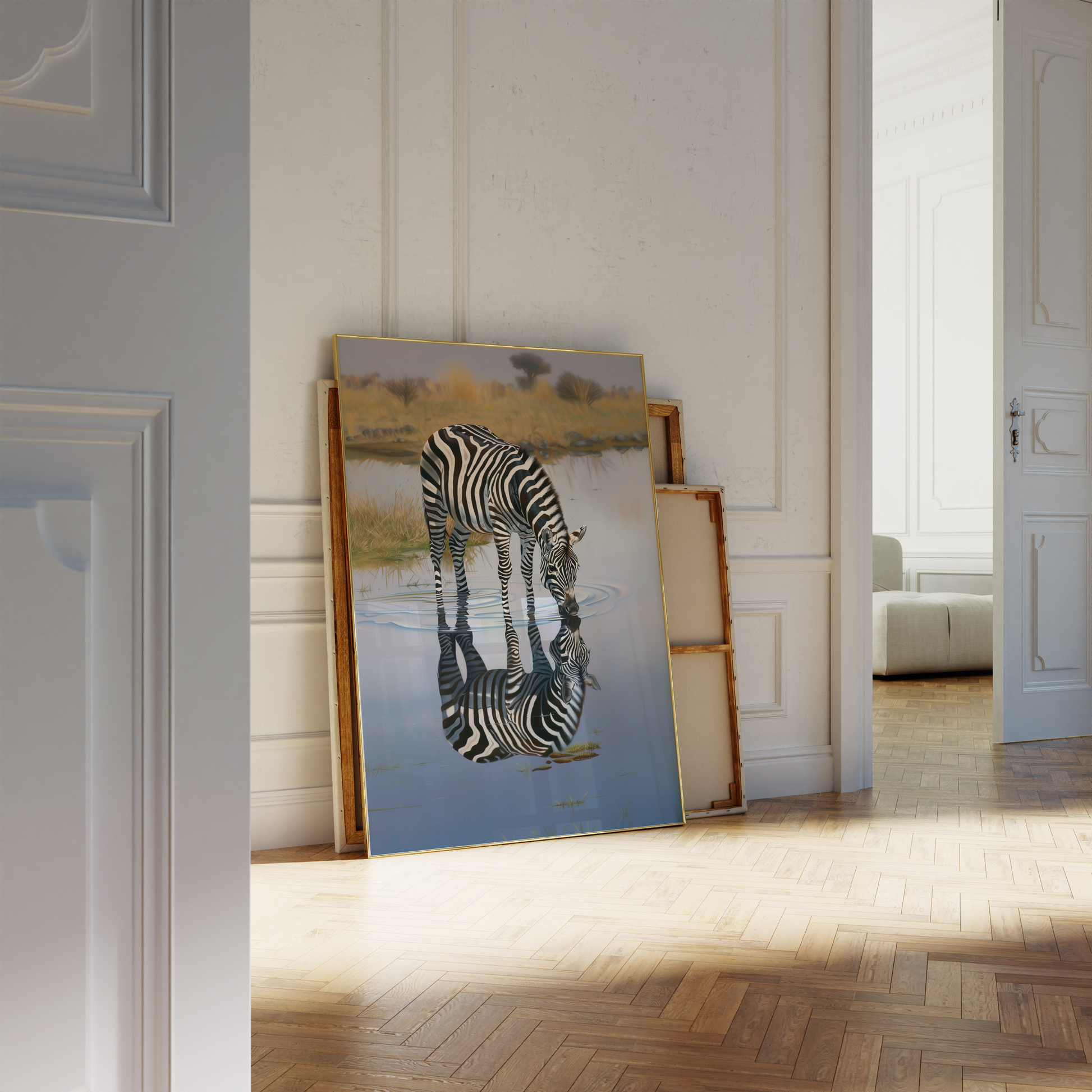 Painting of a zebra drinking water, its reflection if seen in the water, leaning against a white bathroom wall - Paw Prints