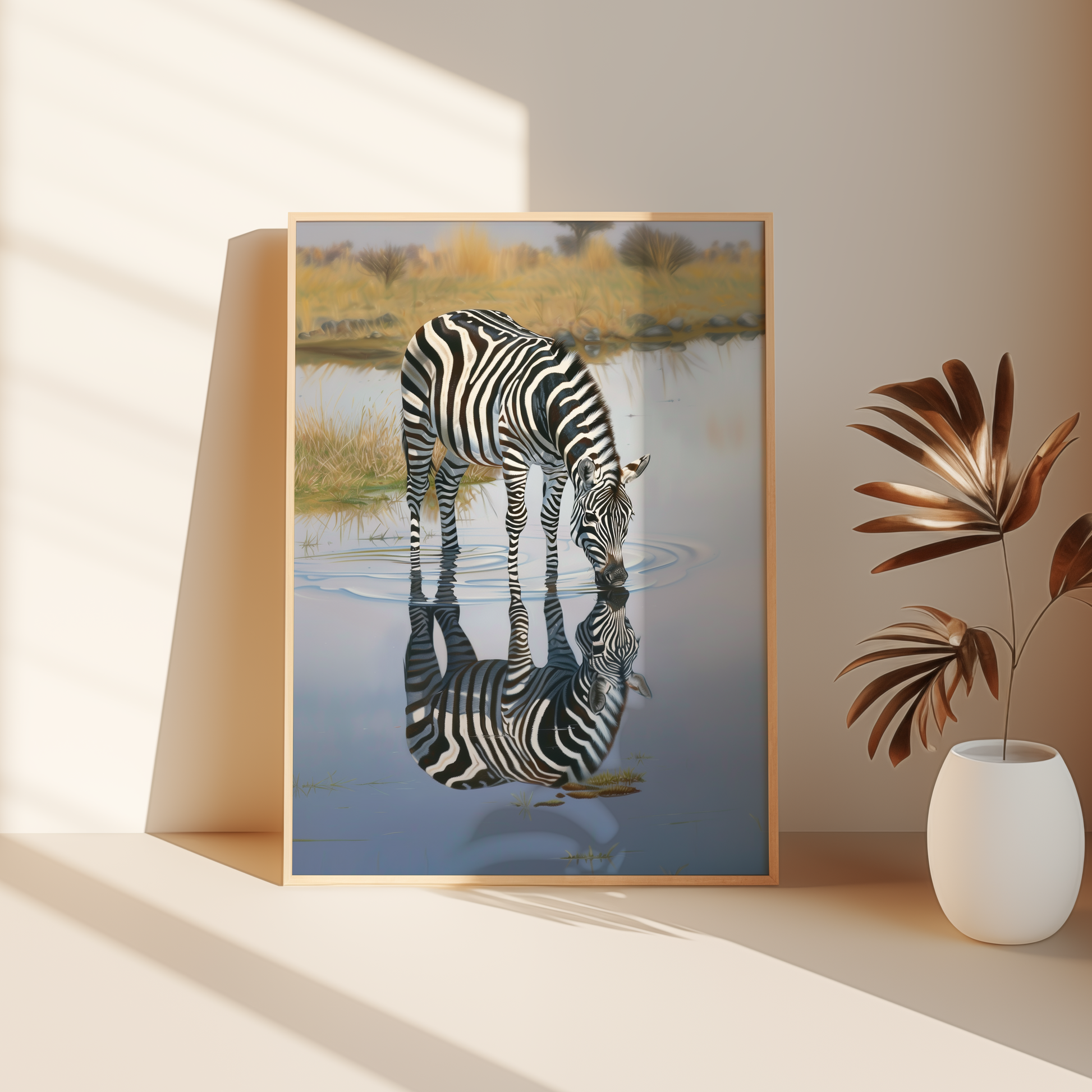 Painting of a zebra drinking water, its reflection if seen in the water, leaning against the bedroom floor - Paw Prints