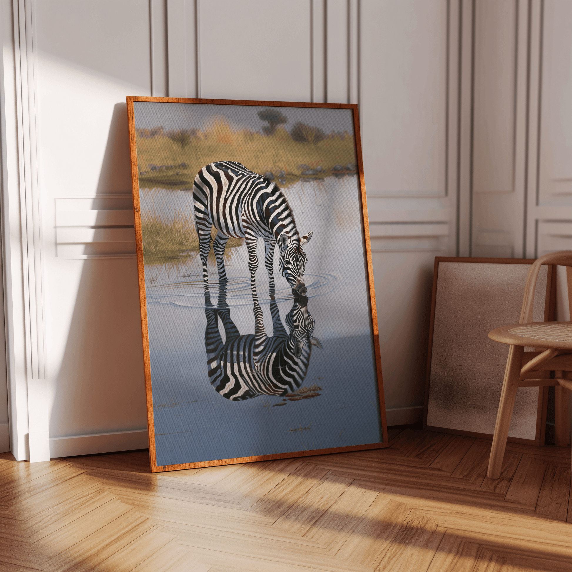 Painting of a zebra drinking water, its reflection if seen in the water, leaning against a hallway - Paw Prints