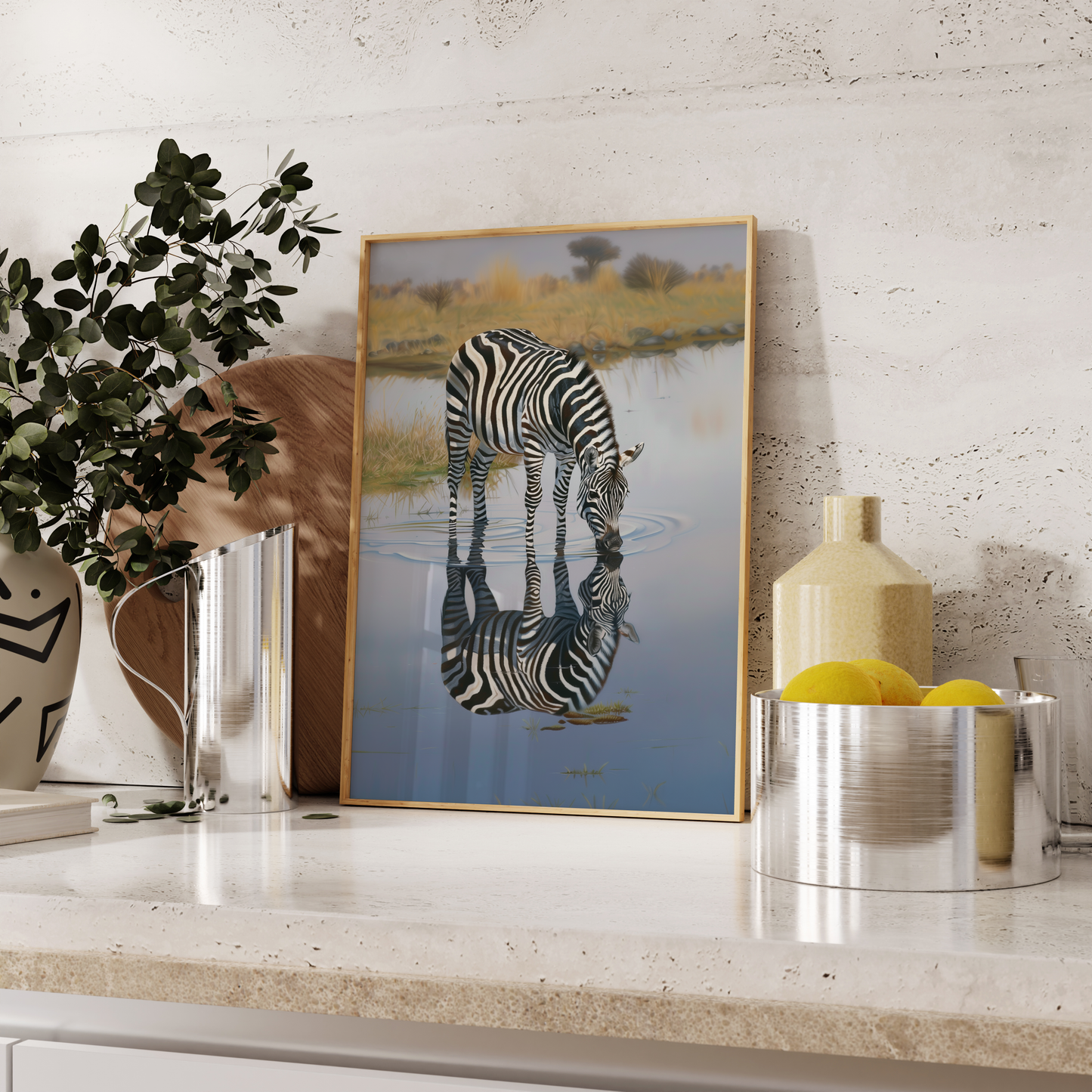 Painting of a zebra drinking water, its reflection if seen in the water, leaning against the kitchen counter - Paw Prints