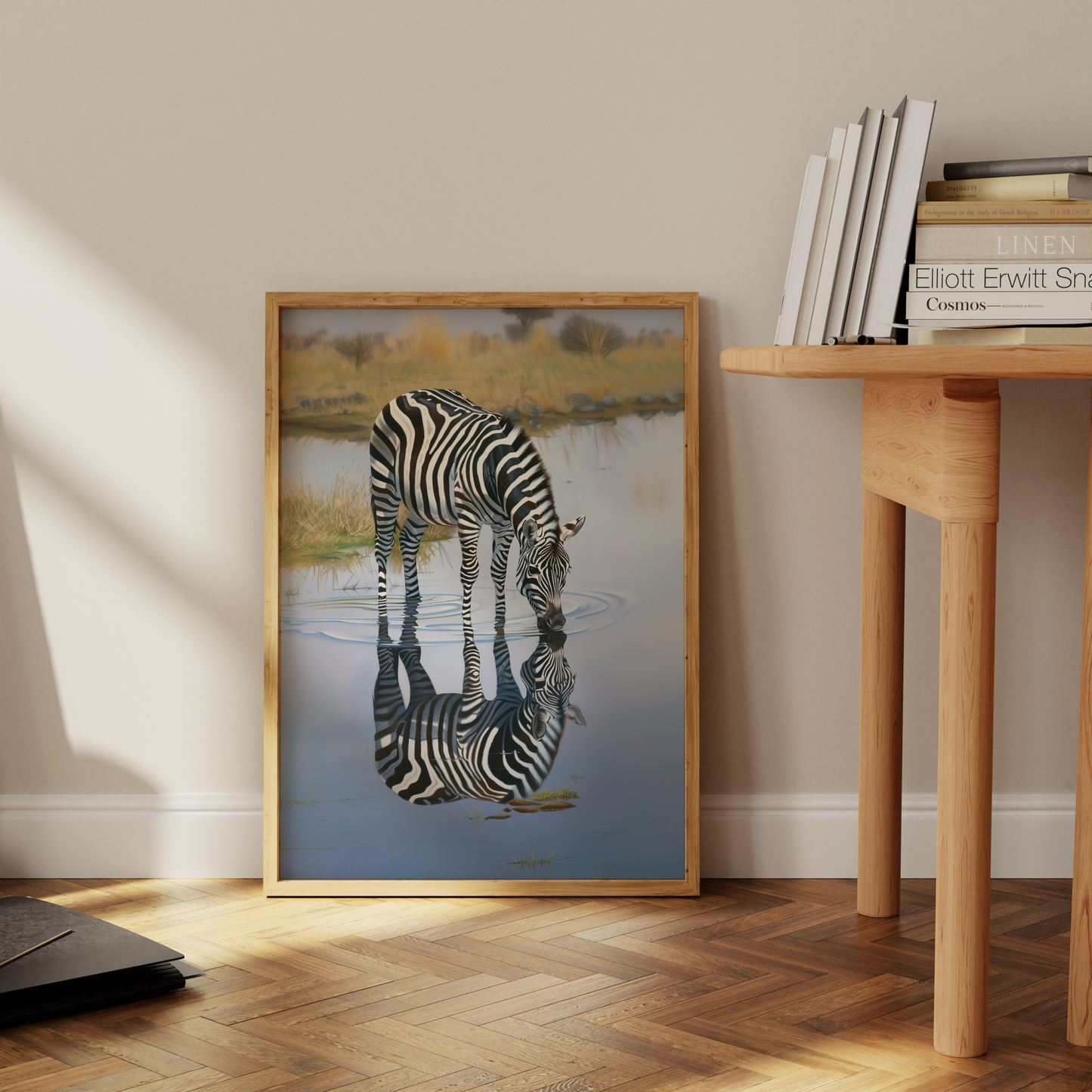 Painting of a zebra drinking water, its reflection if seen in the water, leaning against the office wall - Paw Prints