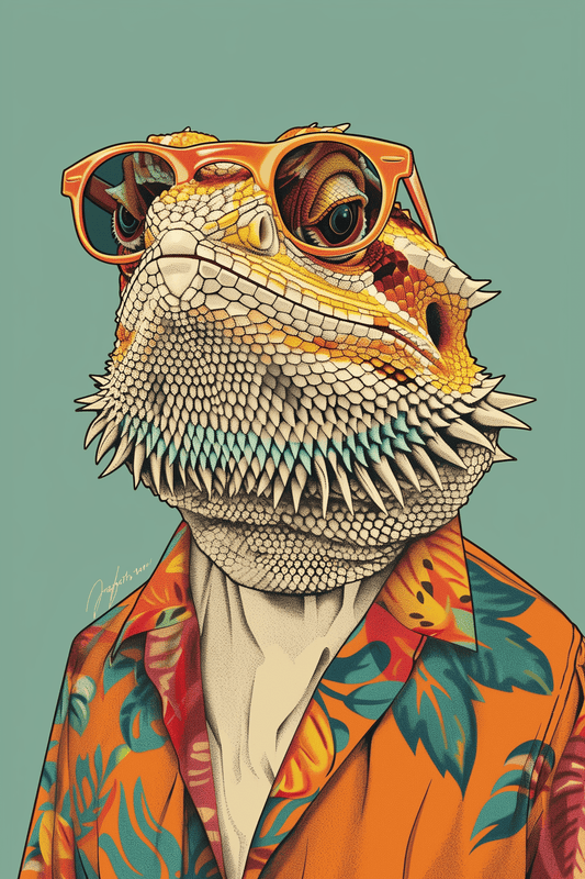 An original piece of art portrait by Paw Prints, featuring a retro Bearded Dragon with sunglasses and a Hawaiian shirt.