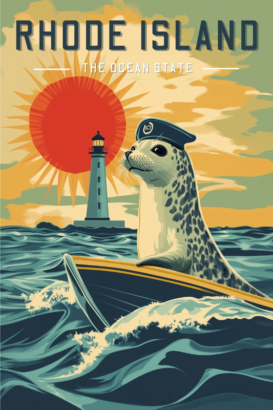 "Rhode Island", a vintage travel poster, featuring a harbor seal sailing on a mini yacht