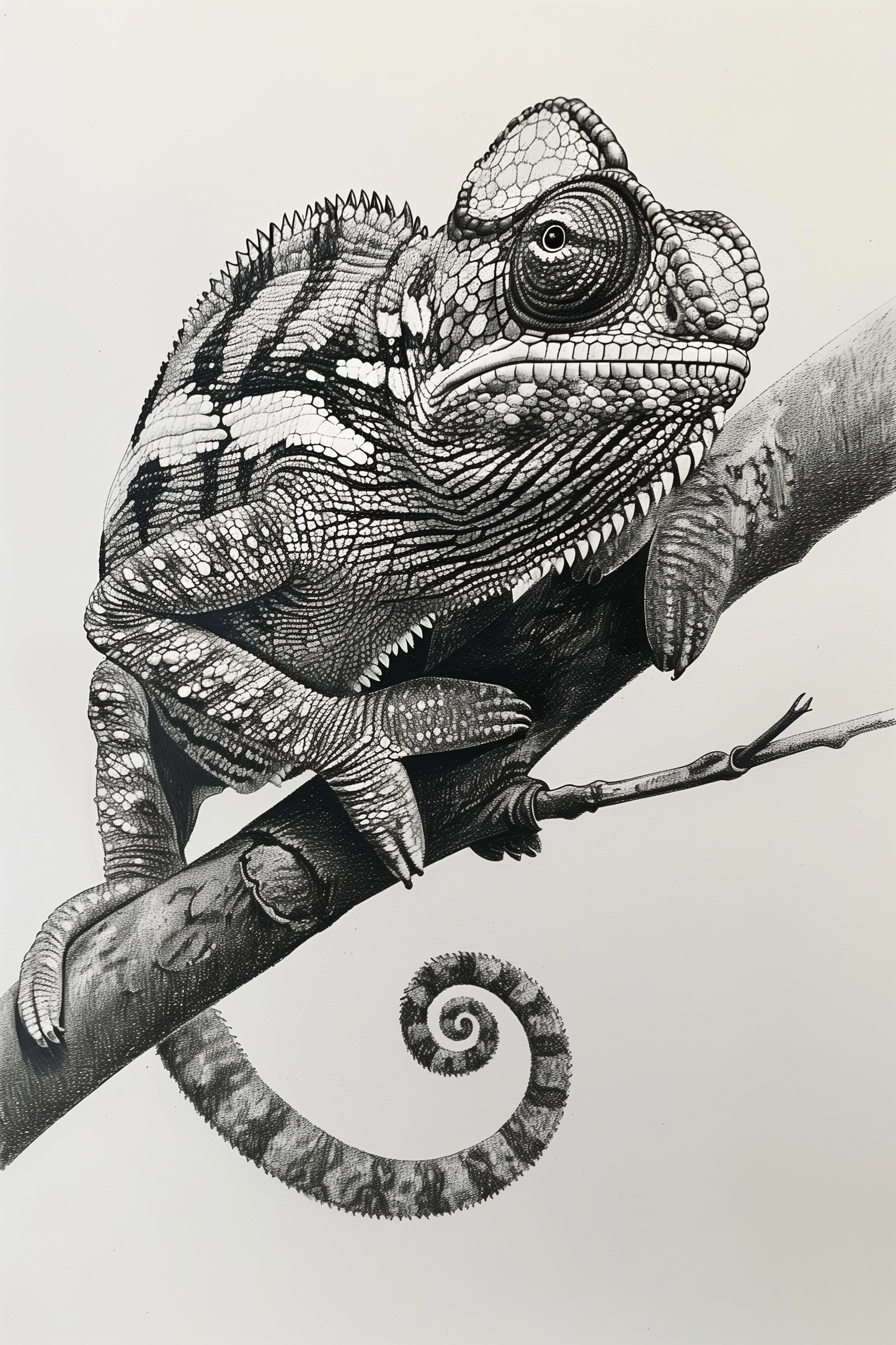 Detailed drawing of a chameleon sitting on a branch, full body - Paw Prints