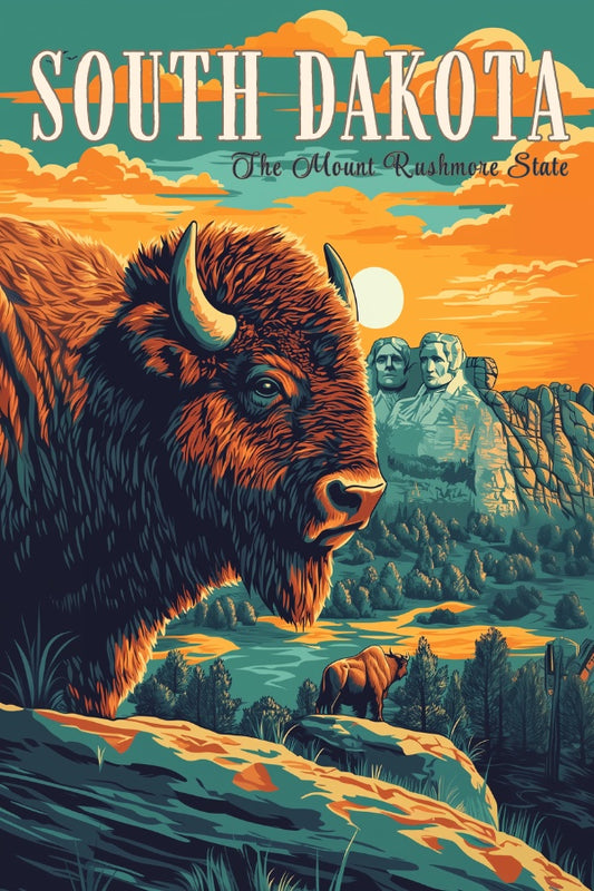 "South Dakota", a vintage travel poster, featuring a bison in front of Mount Rushmore