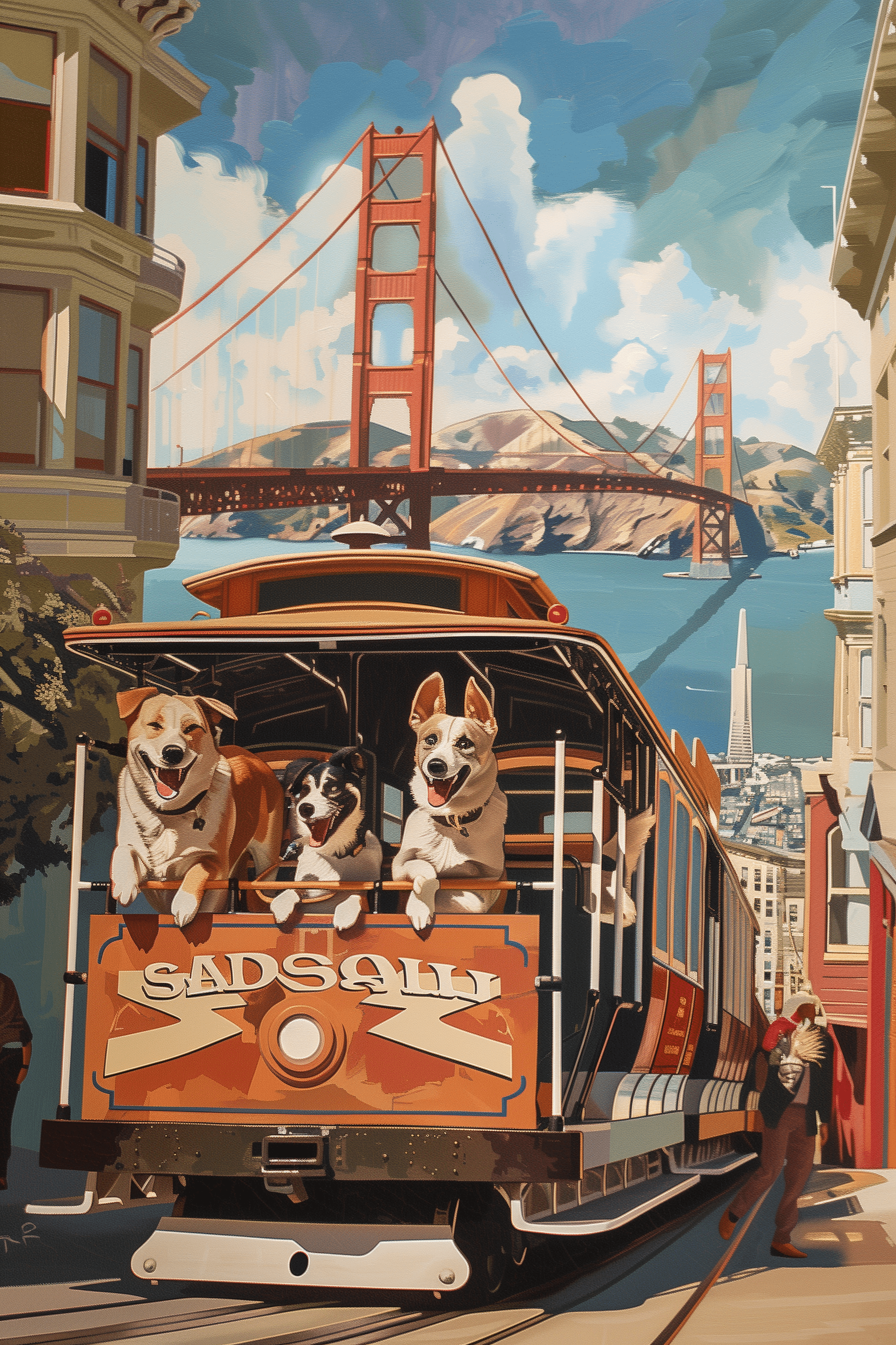 Painting of a gang of three dogs on a San Fransisco trolley, in view of the Golden Gate Bridge - Paw Prints