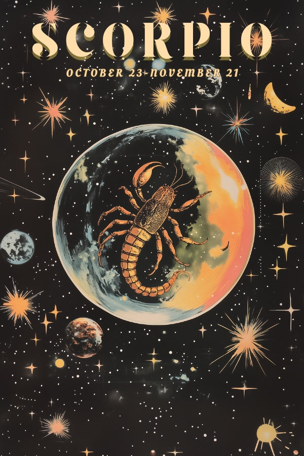 "Scorpio", a vintage astrology poster, featuring a black scorpion inside of a bubble in the shiny stars of the universe