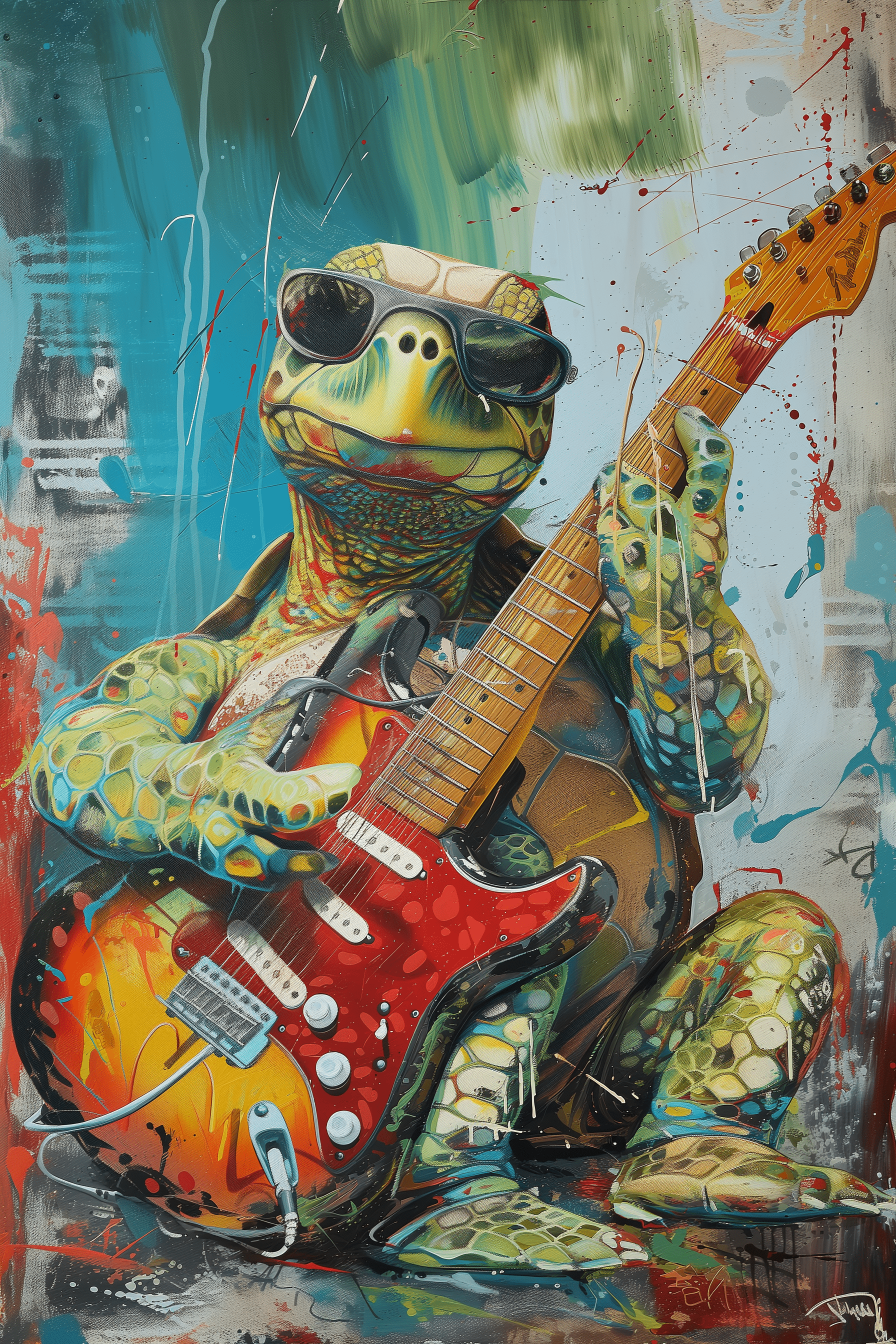 Pop art painting of a turtle wearing shades and an electric guitar - Paw Prints