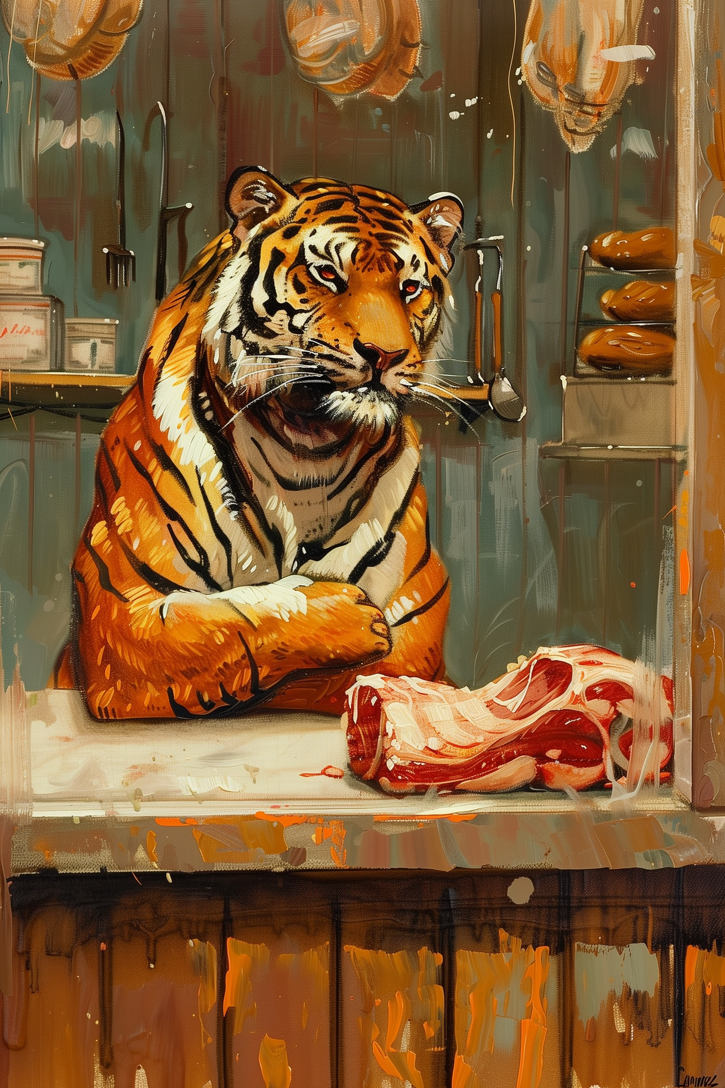 Humorous Impressionist art painting of a tiger who owns a butcher shop. 