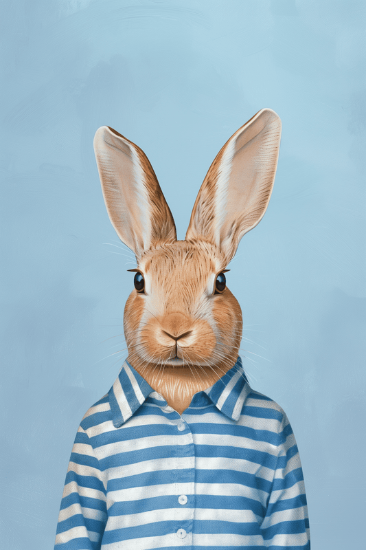 Portrait of a rabbit wearing stipped blue and white pajamas - Paw Prints