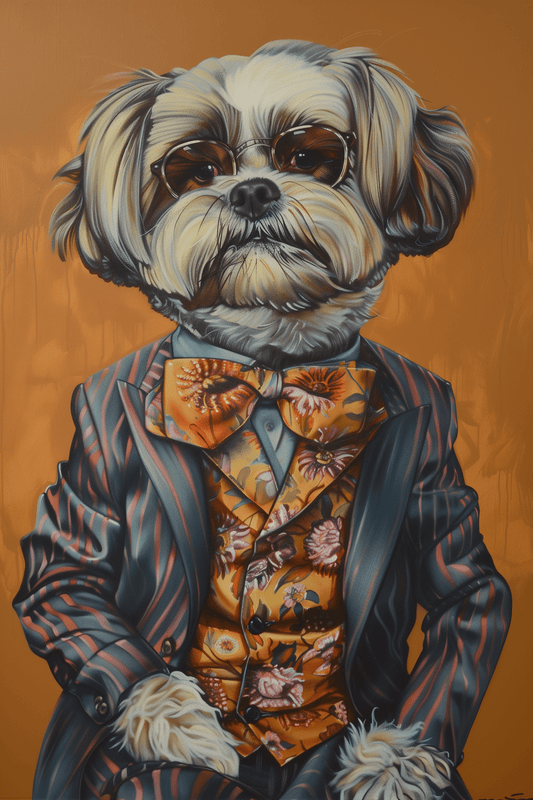 Vintage painting of a stylish dog dressed in a patterned suit and a floral tie - Paw Prints