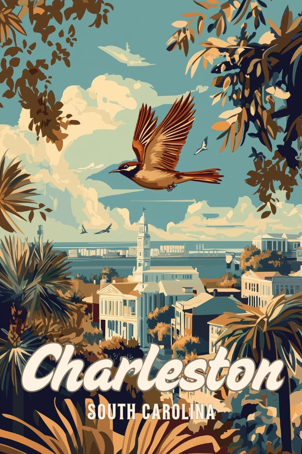 "Charleston", a vintage travel poster, featuring a Carolina wren flying over Charleston in South Carolina