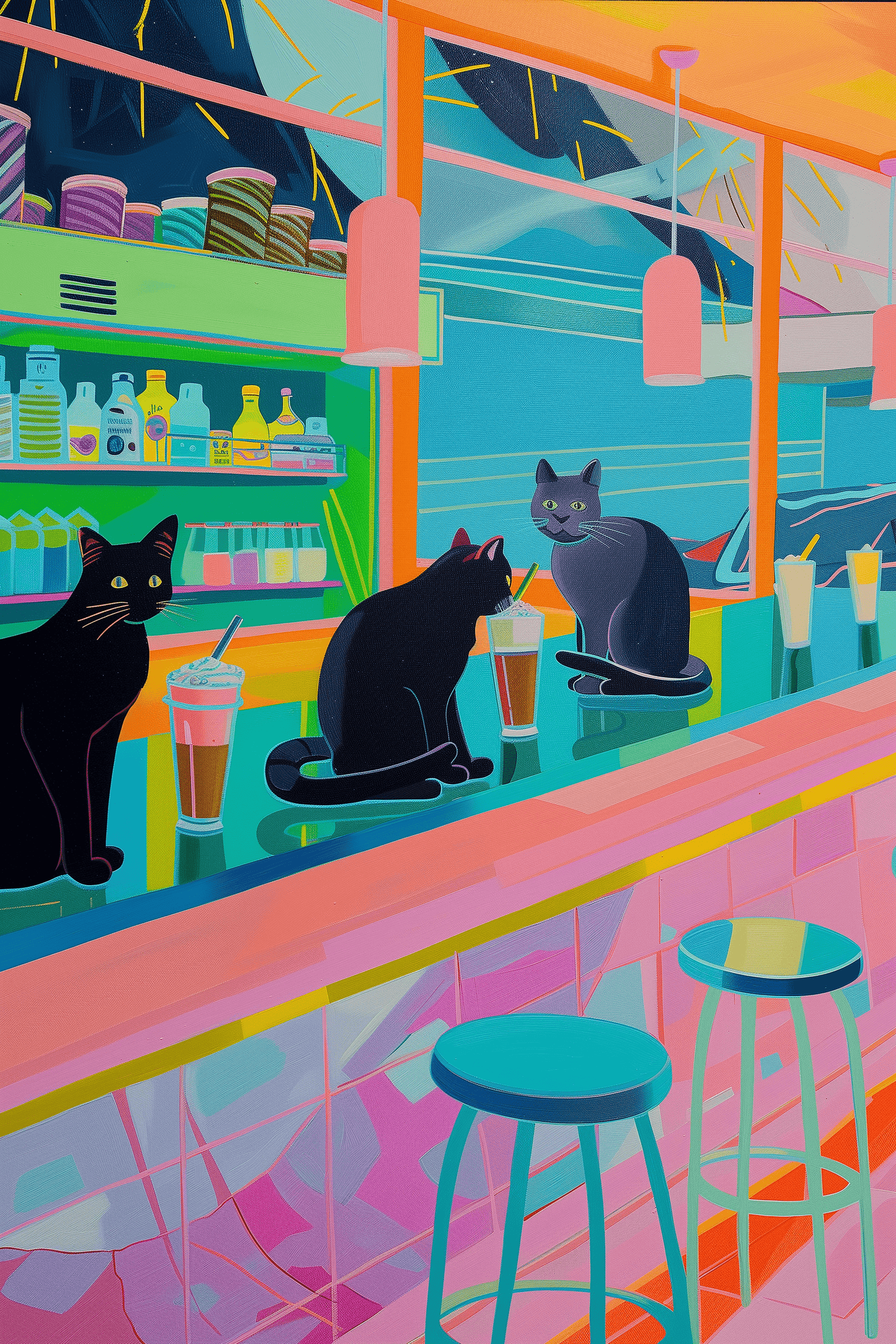 Retro pop art of three black cats at an American Diner, drinking strawberry milkshakes - Paw Prints