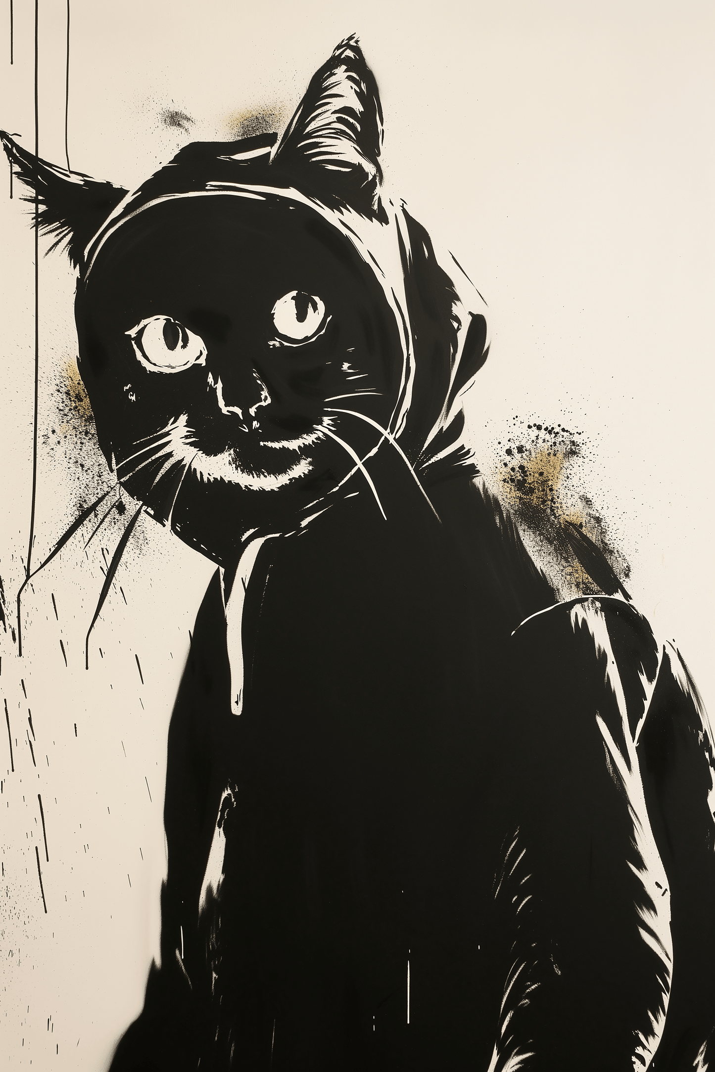 Graffiti painting of a cat wearing a hoodie and backpack - Paw Prints