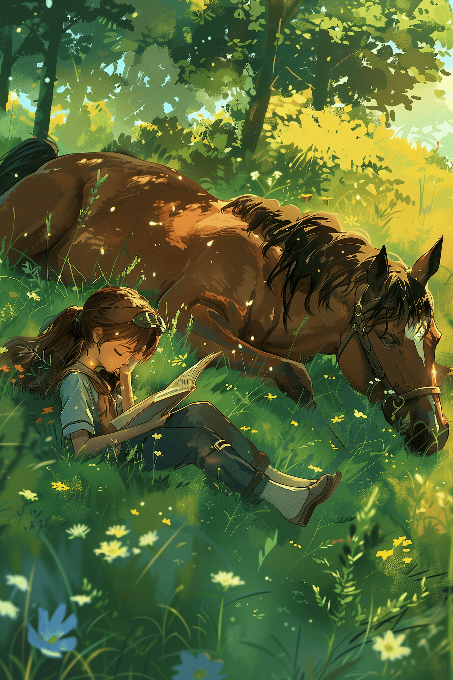 Studio Ghibli painting of a girl reading on a grass field next to her horse - Paw Prints