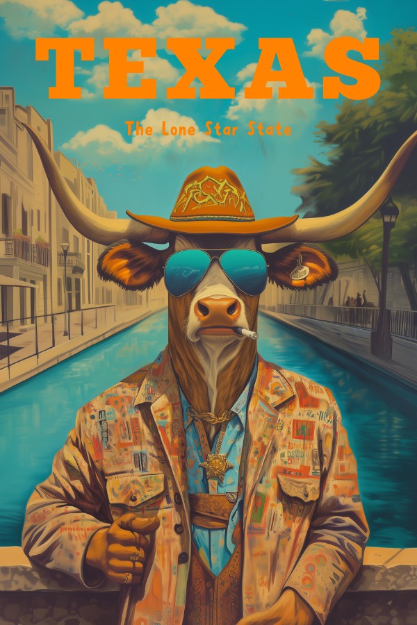 A vintage travel poster of Texas, the Lone Star State, featuring a Longhorn bull wearing a cowboy outfit with a cowboy hat and sunglasses. At the San Antonio River Walk.