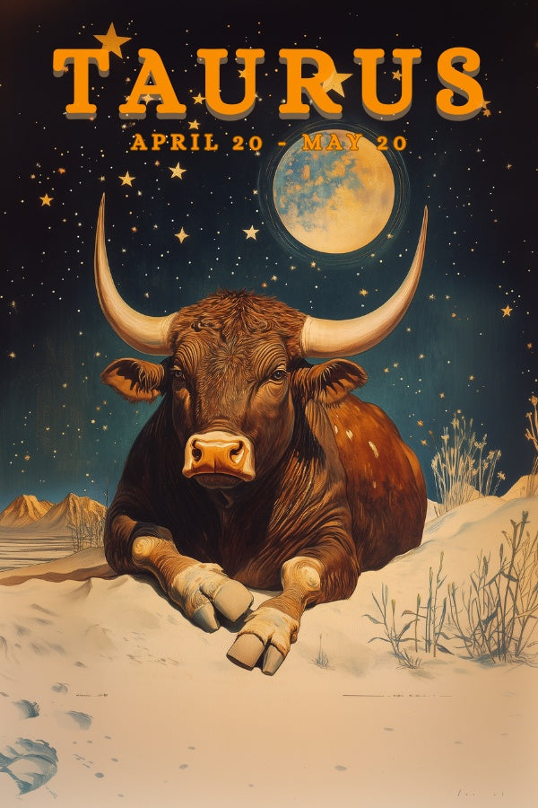 "Taurus", a vintage astrology poster, featuring a bull sitting peacefully under the stary night skies