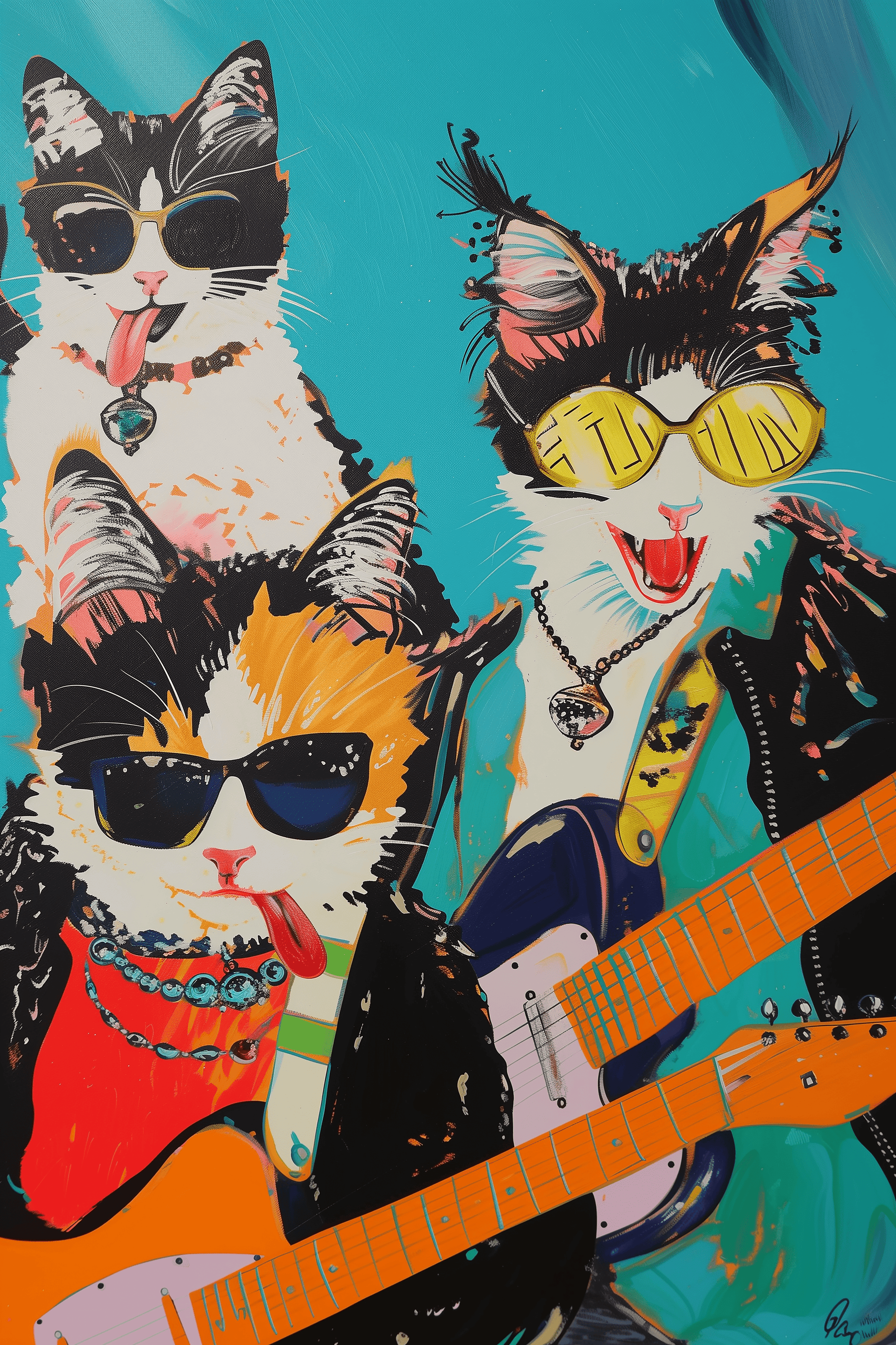 Retro pop art of three cats in a rock band, holding electric guitars and wearing sunglasses and shades - Paw Prints