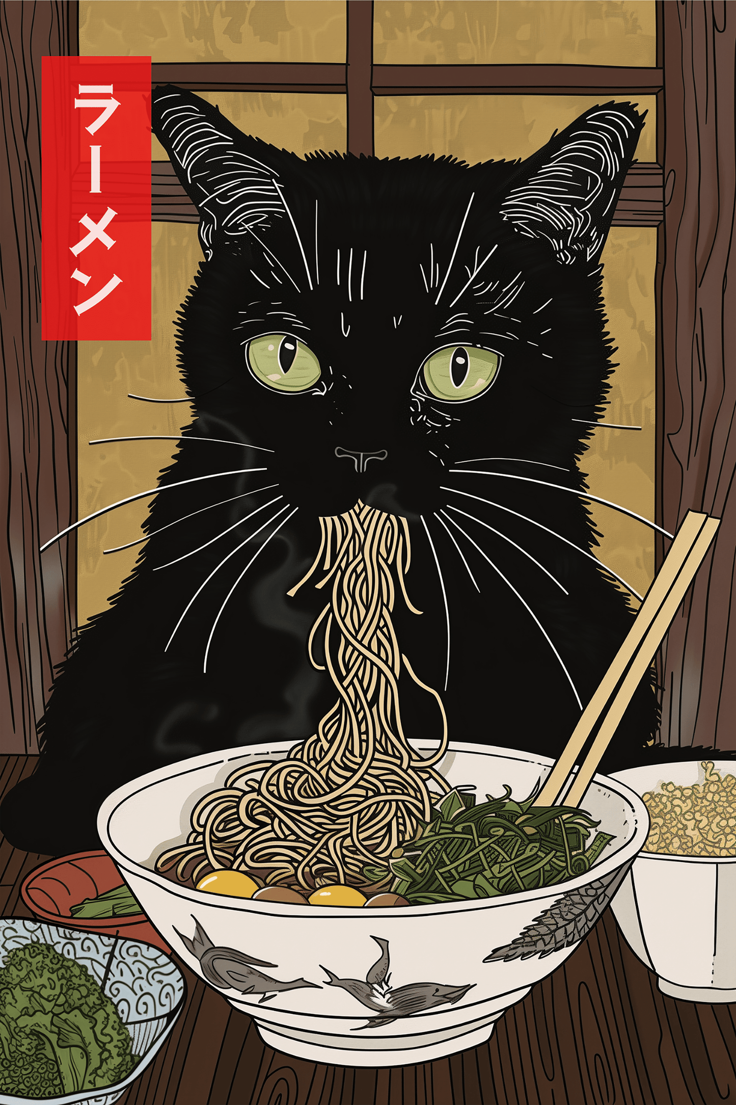 A black cat with green eyes is eating ramen from a bowl with chopsticks. The background features traditional Japanese elements like a wooden sliding door and various side dishes. Perfect for home decor, this high-quality poster, named "Tokyo Miso," comes in multiple sizes from the brand My Store. A vertical red banner with white Japanese characters reads "ラーメン" (ramen).