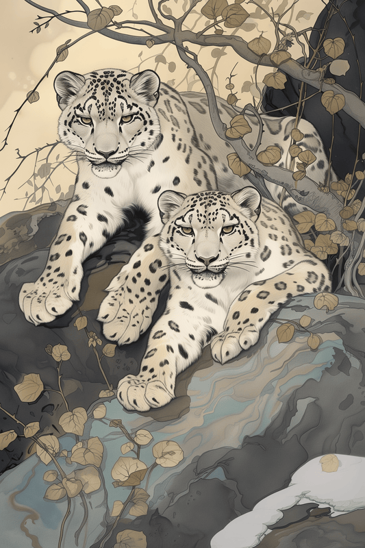 Painting of two twin snow leopards laying in nature - Paw Prints