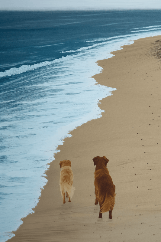 Paw Prints impressionist painting of two golden retrievers walking next to a calm ocean, footprints in the sand. 