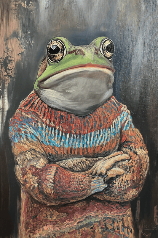 Painting of a grumpy frog wearing an ugly Christmas Sweater - Paw Prints