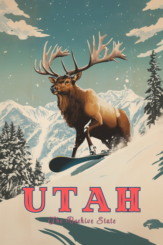 "Utah", a vintage travel poster, featuring a Rocky Mountain Elk snowboarding in the Utah mountains