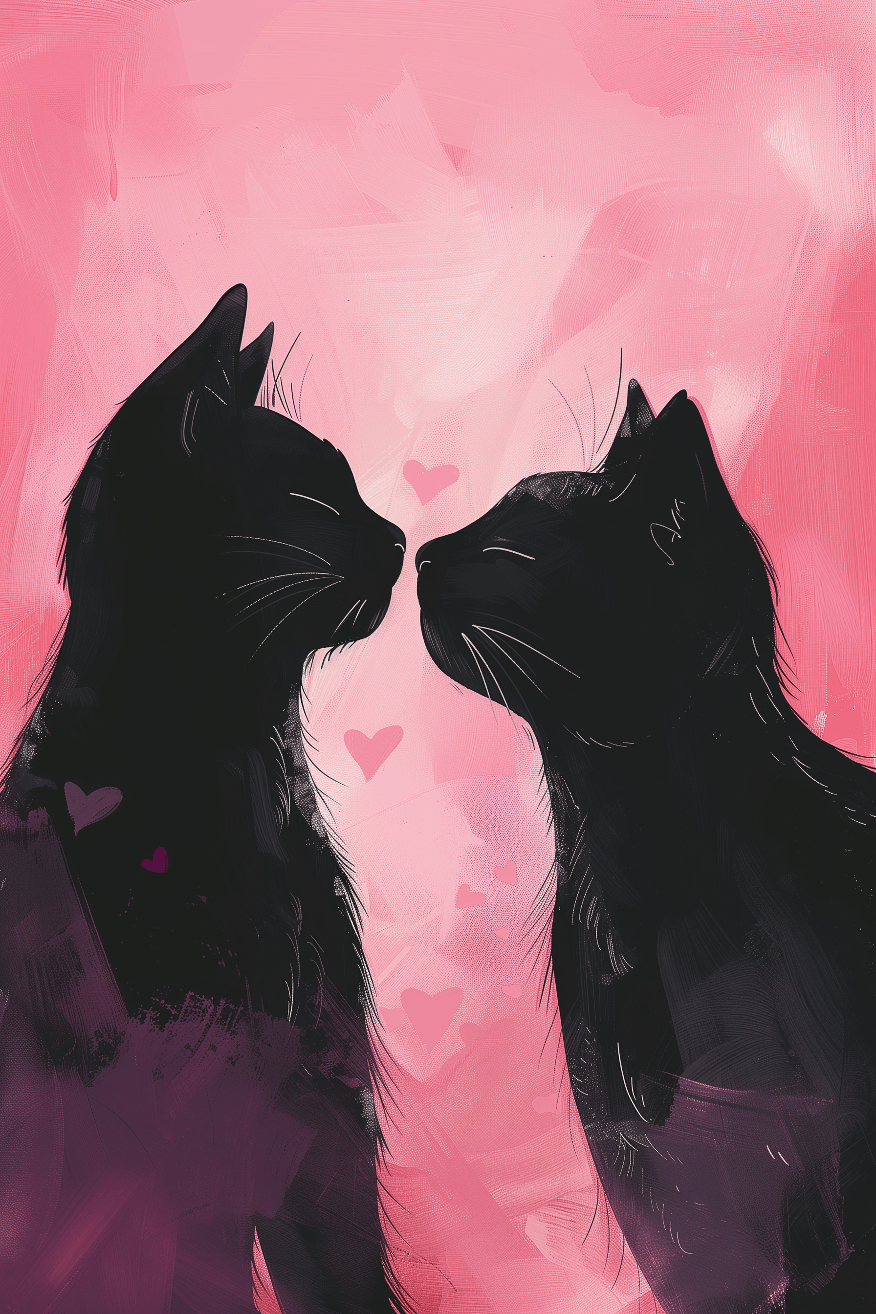 Painting of two black cats in love, pink background with hearts - Paw Prints