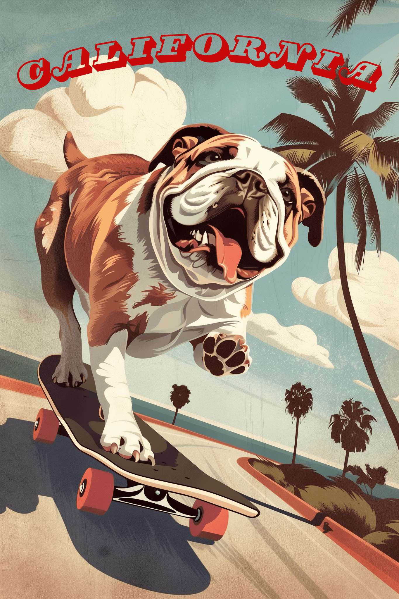 Paw Prints California travel poster with a bulldog skating on a skateboard near Venice Beach.